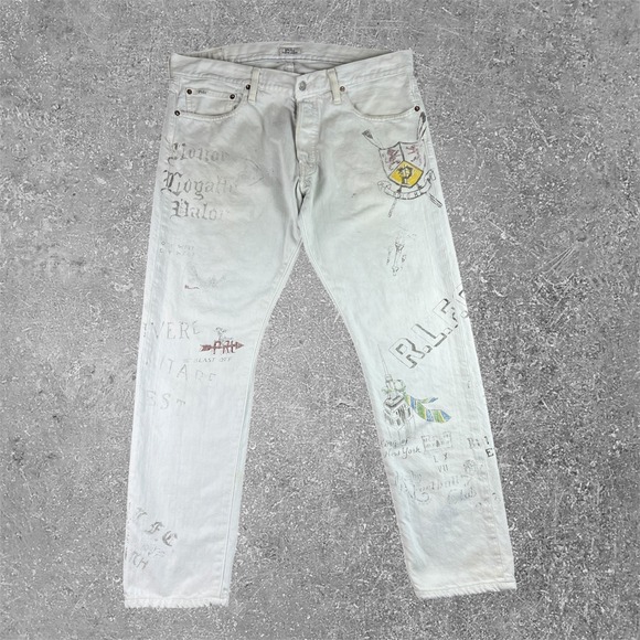 Polo Ralph Lauren Other - Polo Ralph Lauren Sullivan Slim Jeans Mens 34x30 White Graphic Graffiti Varsity